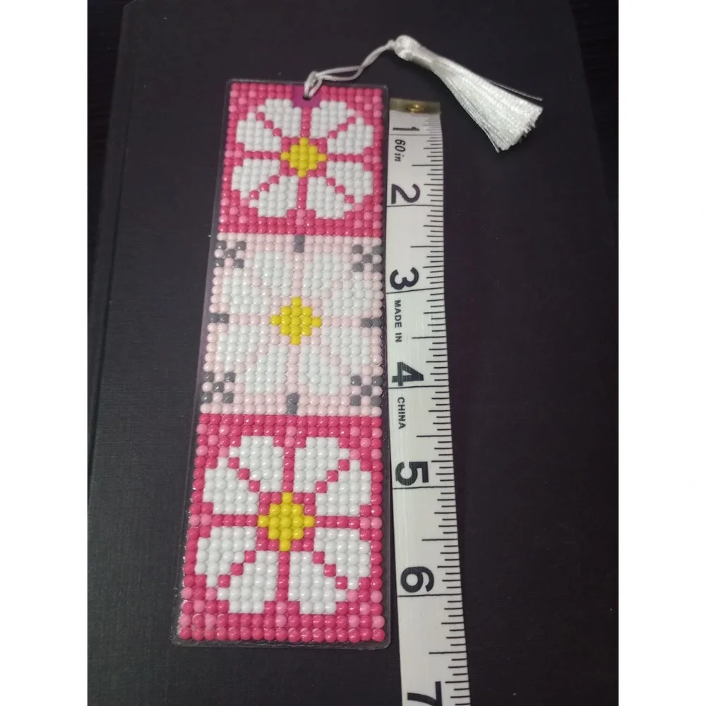 Handmade Diamond Painting Acrylic Bookmark Pink Floral White Tassel 6.5